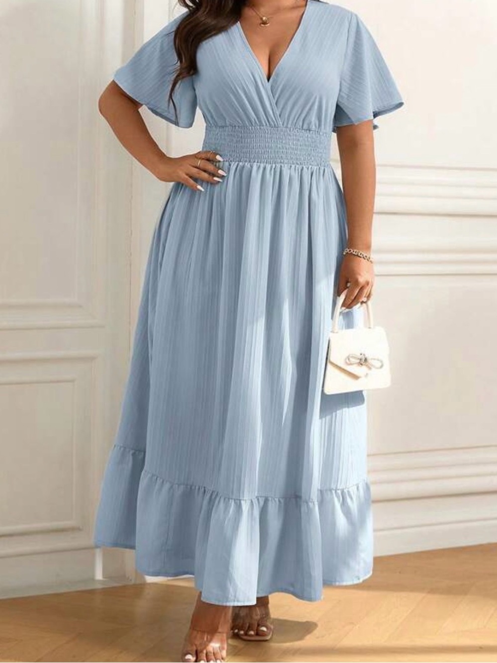 Light Blue V-Neck Smocked Waist Maxi Dress